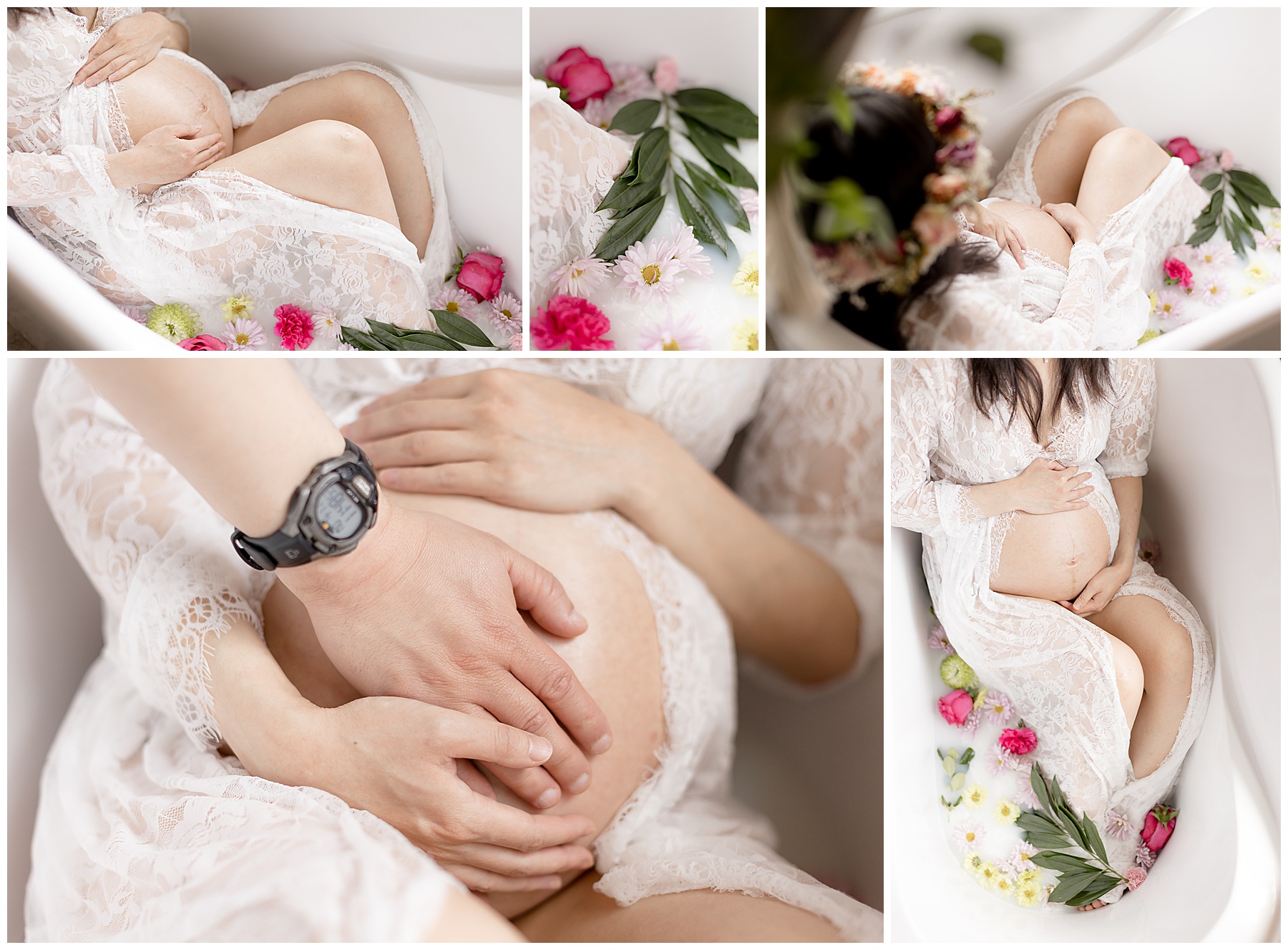 wintertime maternity portraits - pregnant mom takes a floral bath