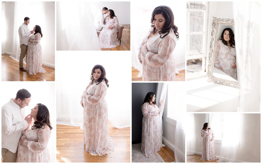 Pregnant couple takes wintertime maternity portraits in a local, natural-light studio