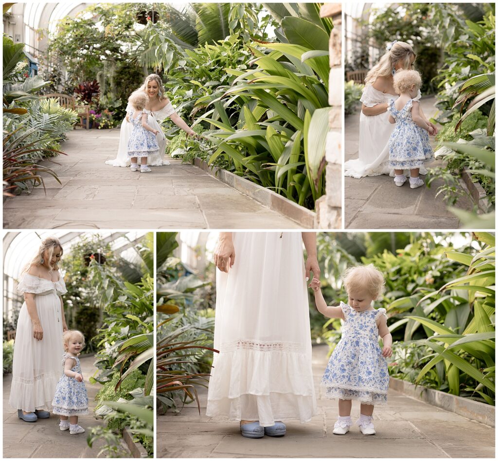 various views of pregnant mom and toddler daughter at Brookside Garden Conservatory