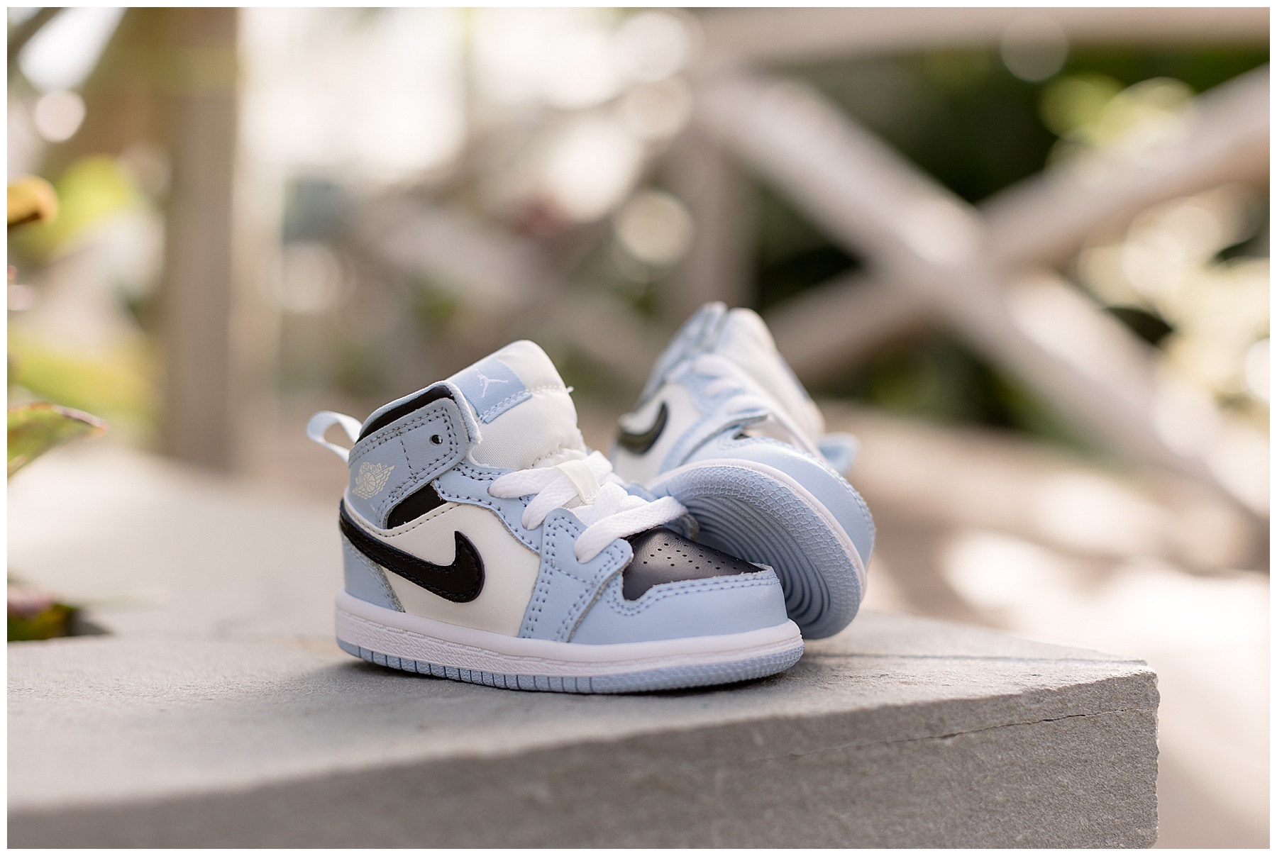 blue baby sneakers as prop in greenhouse pregnancy announcement