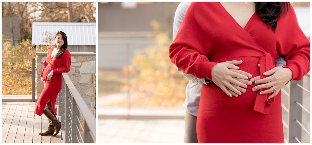pregnancy photos showing off the belly in a red sweater dress