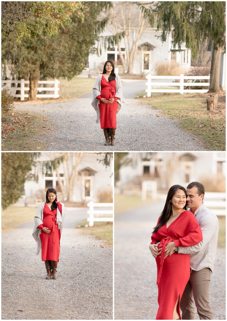 pregnant woman poses on stone driveway during winter maternity photography session