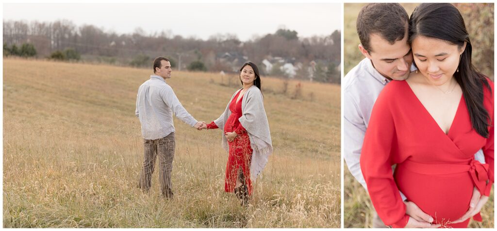 different views of maternity photography in a grassy field