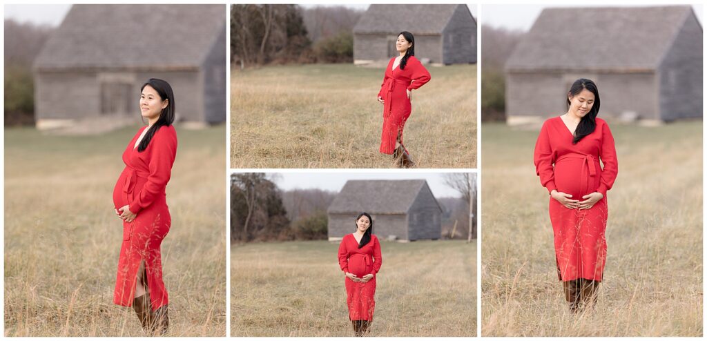 views of pregnant women standing in front of a barn in a grassy field