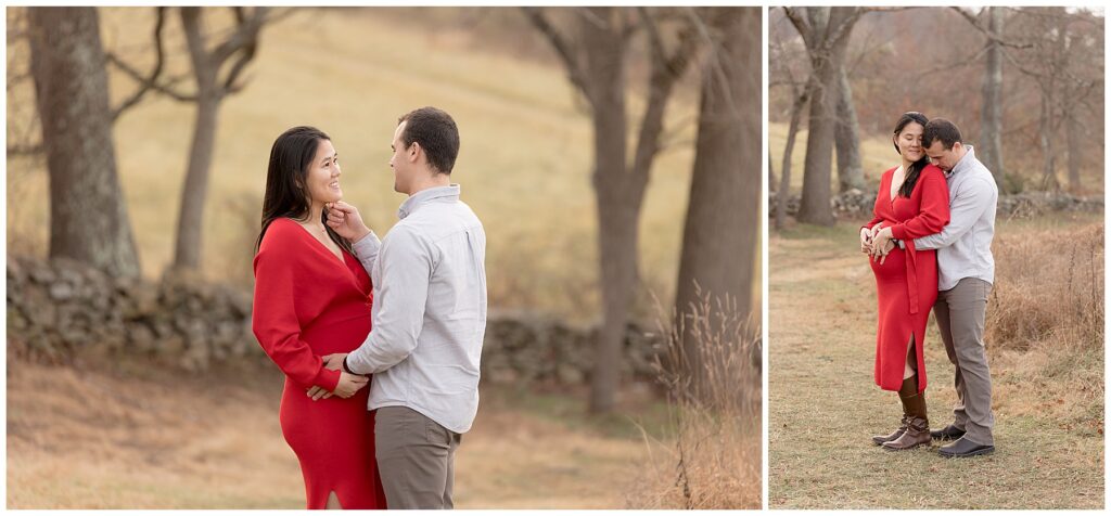 a stone wall is the backdrop to an expectant couple's embrace during their pregnancy photos
