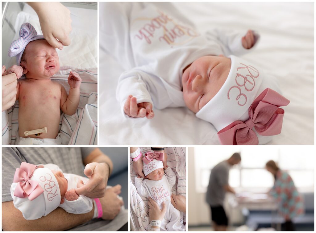 parents pose with newborn baby in their hospital fresh 48 photoshoot