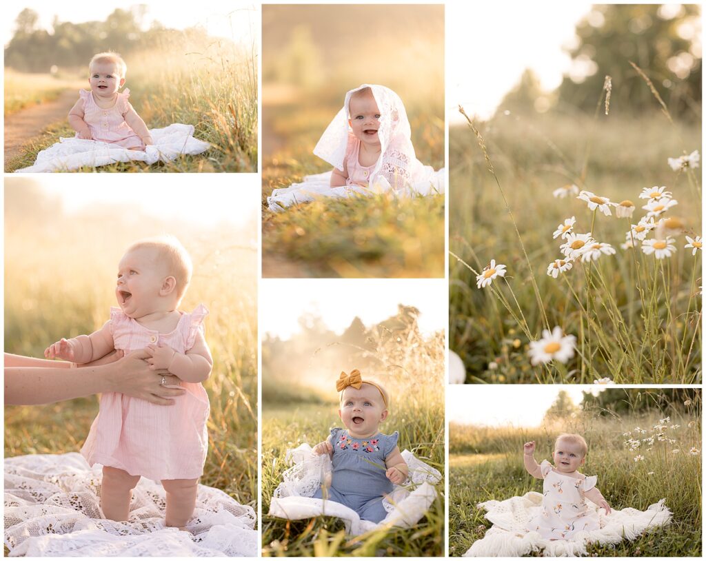 7 month old baby poses for sitting pictures in a field of flowers at sunrise