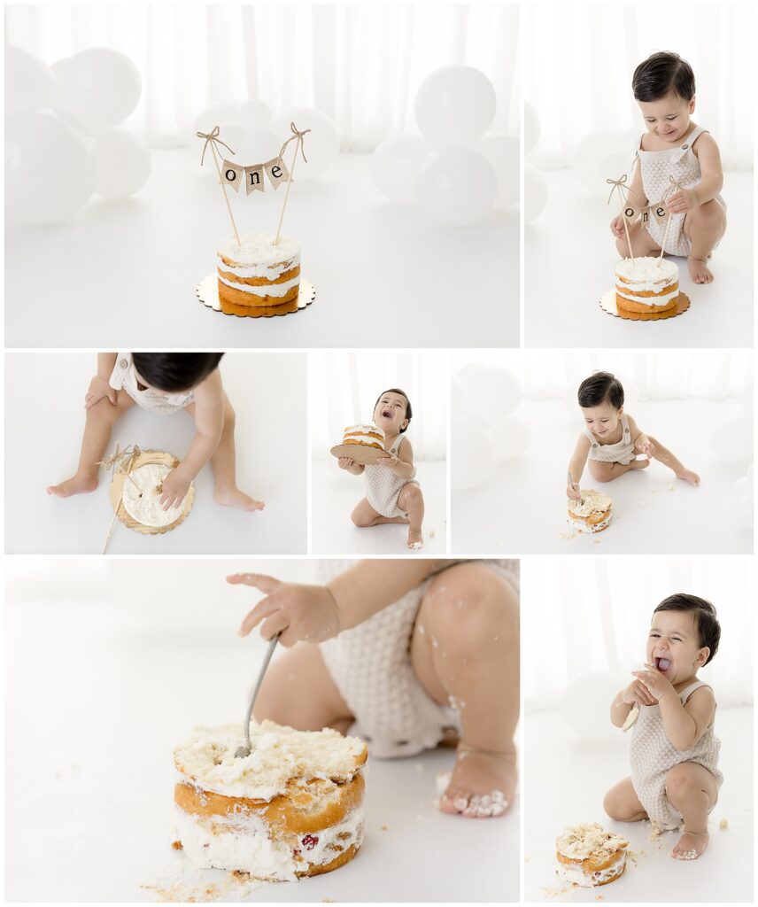 baby boy smashes cake during first birthday photo session