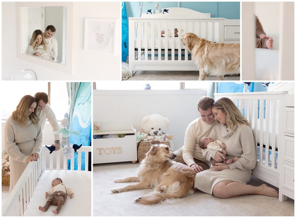 Lifestyle Newborn baby photoshoot - newborn baby with mom, dad, and family dog pose for photos in baby's neutrally-colored nursery