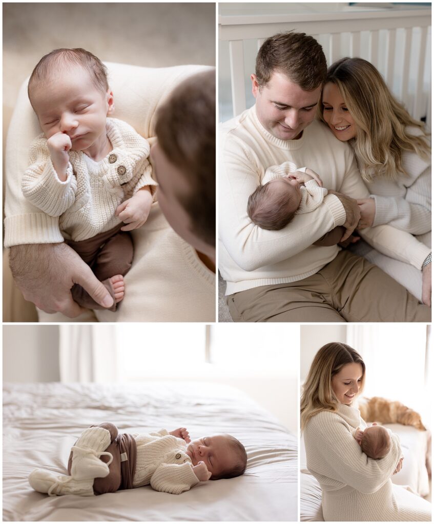 Newborn baby boy and parents pose for pictures in the family home