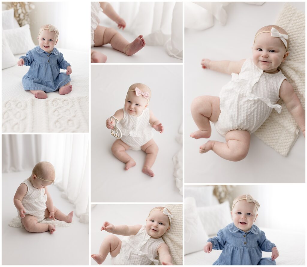 the sitter session includes baby milestone photos of the sitting baby by herself