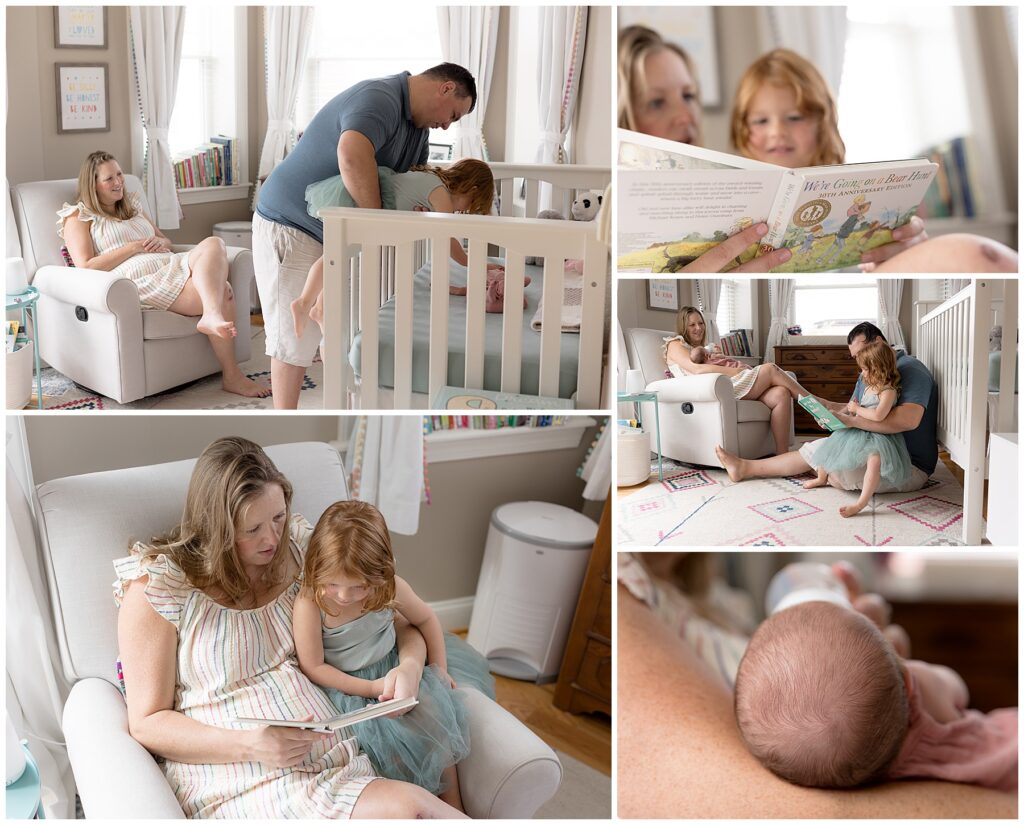 a DC family gathers in baby's nursery for newborn photos