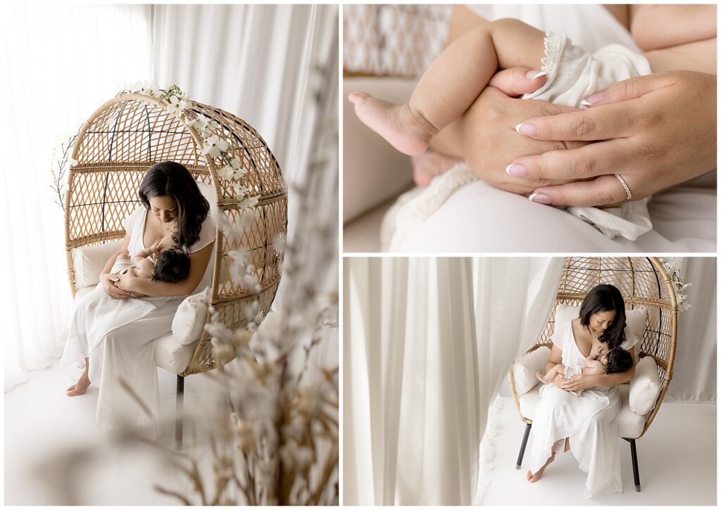 a momma in a white dress sits in an egg chair nursing her three month old baby