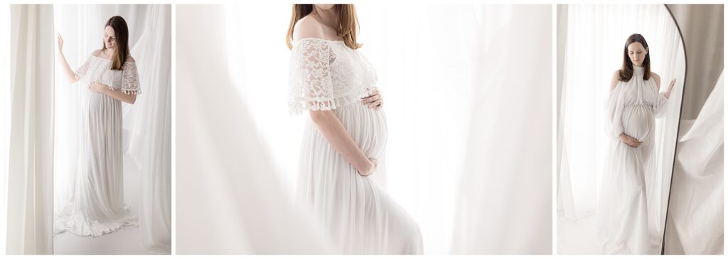 pregnant woman poses near window and by a mirror for her studio maternity photos