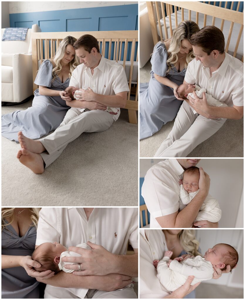 nursery snuggles with mom, dad, and newborn son; lifestyle newborn photography light tips