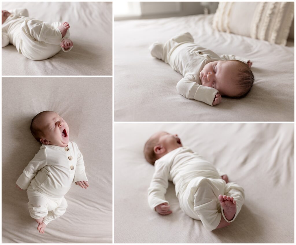 lifestyle newborn photography light tips; solo shots of newborn on parents' master bed